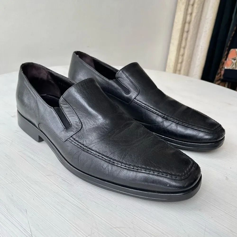 Bruno Magli Raging Black Leather Slip-On Loafers, Handmade in Italy, Size 10